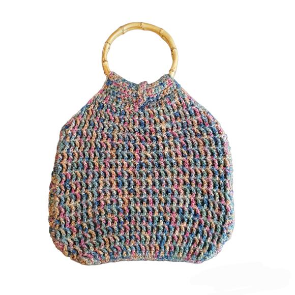 Vintage Crochet Knit Tote Bag Double Bamboo Handles Handmade Casual Cottage - Picture 2 of 9